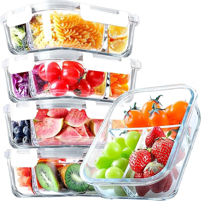 VERONES 5 Pack Glass Meal Prep Containers 3 Compartment Set, 36OZ Airtight Glass Lunch Containers, Food Storage Containers with Lids, for Microwave, Oven, Freezer & Dishwasher Friendly,White