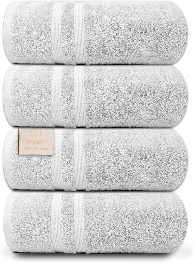 Organix Egyptian Cotton 4 Piece Bath Towel Set 550 GSM, 30"x60", Extra Large, Lightweight Bath Towels for Bathroom, Luxury, Absorbent, Quick Dry Bath Towel Set, Towels for Pool, Hotel, Beach (White)