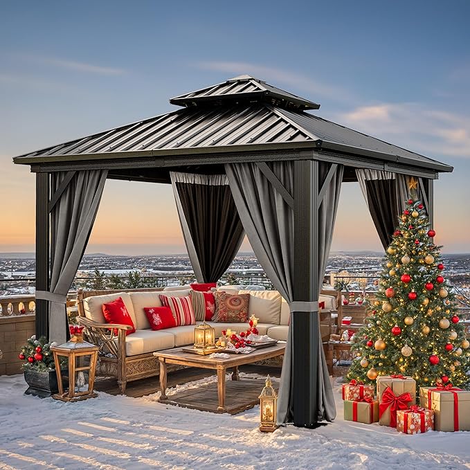 YITAHOME 10x10ft Hardtop Gazebo with Nettings and Curtains, Heavy Duty Double Roof Galvanized Steel Outdoor Combined of Vertical Stripes Roof for Patio, Backyard, Deck, Lawns, Gray