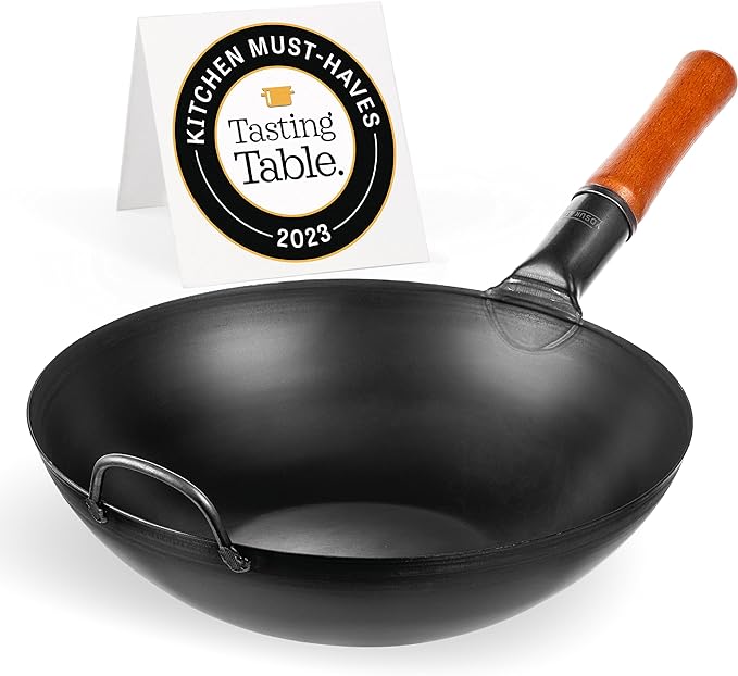 YOSUKATA Carbon Steel Wok Pan – 13,5 “ Stir Fry Pans - Chinese Wok with Flat Bottom Pow Wok - Traditional Japanese Woks - Black Carbon Steel
