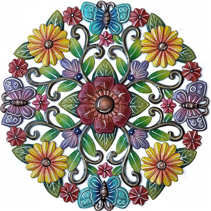 Fall Home Decor, Painted Floral Garden Plaque, Haitian Metal
