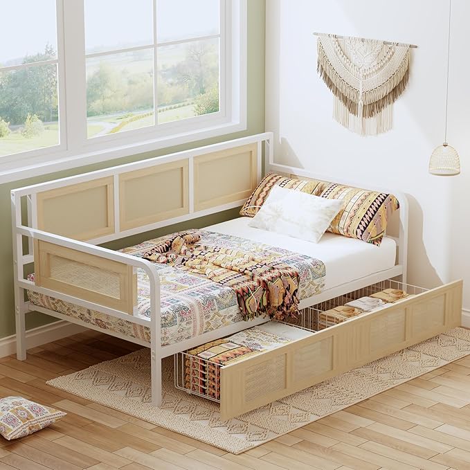 ANCTOR Twin Daybed, Day Bed with Storage Drawers, Corner Bed Frame with Strong Supports for Living Room, Bedroom, and Guest Room, Rattan Style