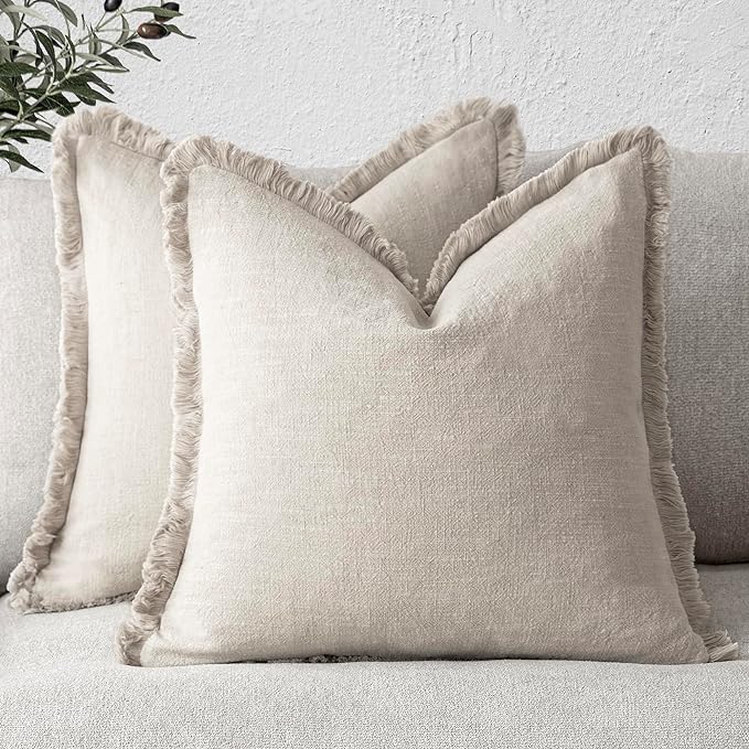 Foindtower Set of 2 Decorative Linen Fringe Throw Pillow Covers Cozy Boho Farmhouse Cushion Cover with Tassels Soft Accent Pillowcase for Couch Sofa Bed Living Room Home Decor, 24×24 Inch, Beige