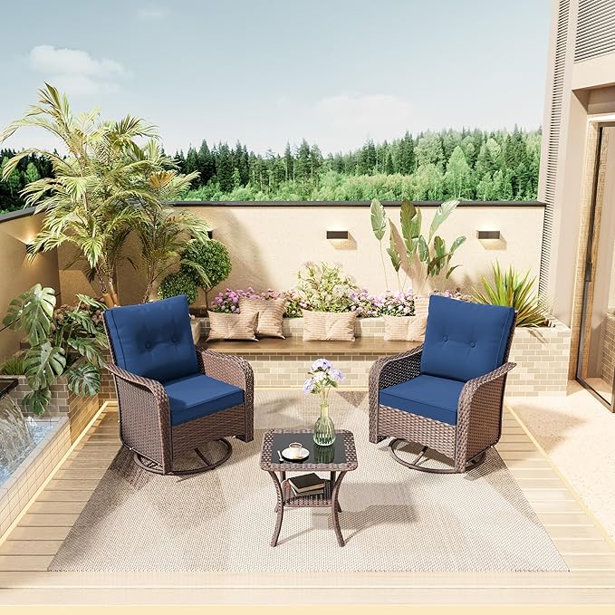 3 Piece Wicker Swivel Rocking Chair Set, Outdoor Patio Glider Chair with Glass Top Coffee Table, Conversation Furniture Set Suitable for Patio, Lawn, Outdoor, Back Garden(Navy)