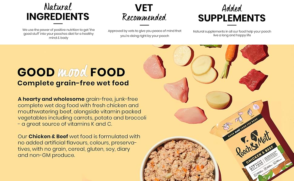 Pooch & Mutt - Chicken & Beef Pack of Complete Wet Dog Food, Dry Dog Food Topper, 12x375g 1